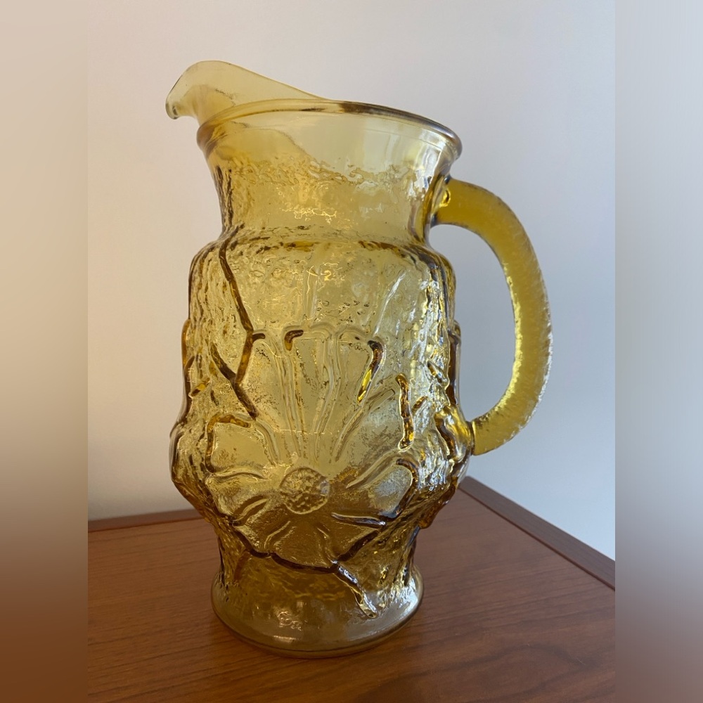 Vintage Anchor Hocking Yellow Rain Flower Glass Pitcher, Retro Amber Glass